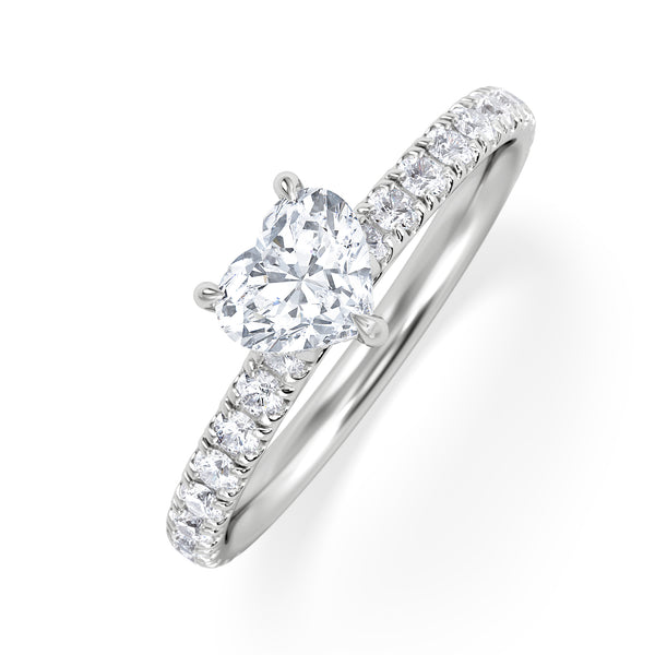 Amora Heart 0.97ct Hidden Halo Diamond Engagement Ring With Side Stones Set in 18K White Gold